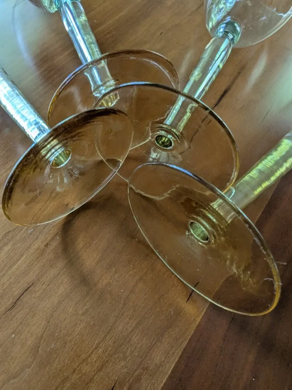 Vintage Pottery Barn Goblets Glasses Iridescent Amber Stem Green Bubble Set of 4